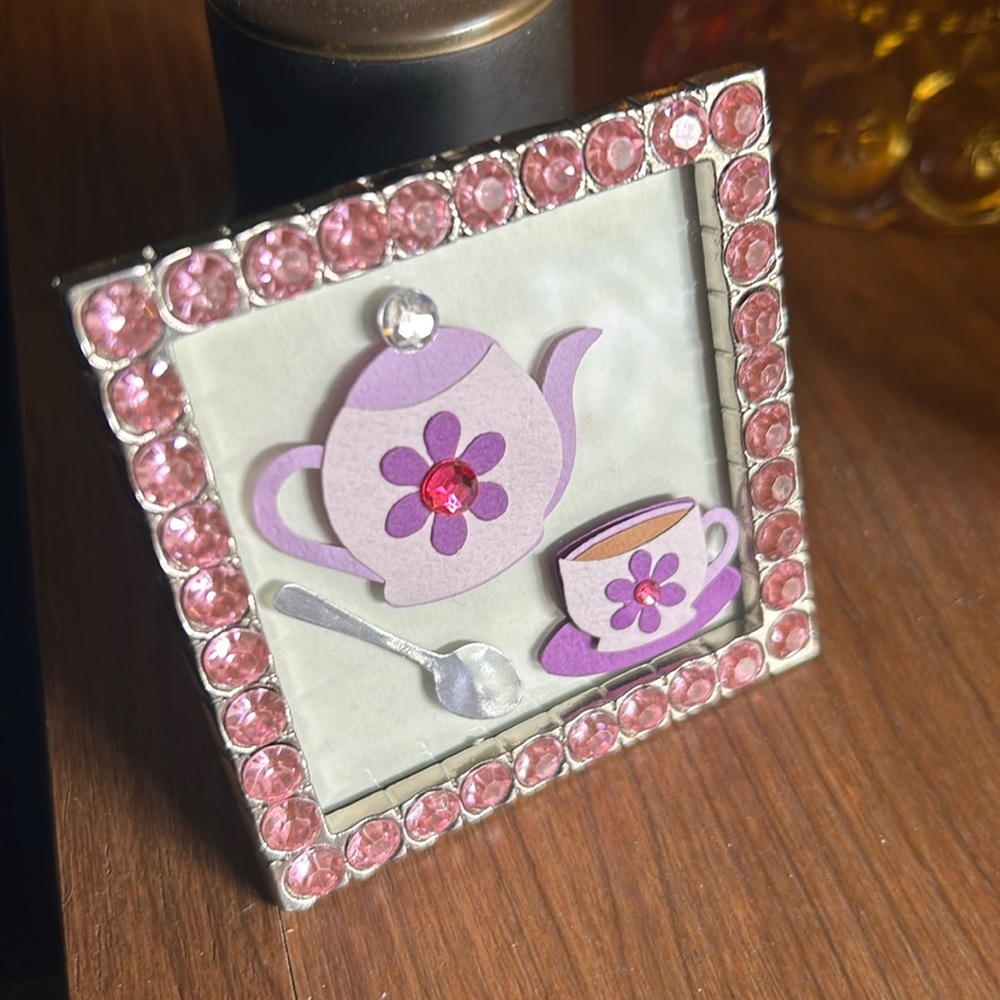 Vintage Framed Teatime Scene a Pink Rhinestone Easel-Back Frame